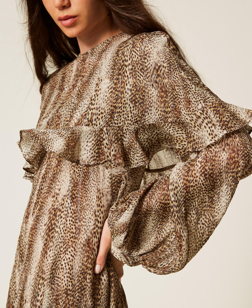Kurzes Kleid aus Cr&ecirc;pe im Animal-Design Animalprint Brown Streifen Lurex Frau 252TT2350_12895_05