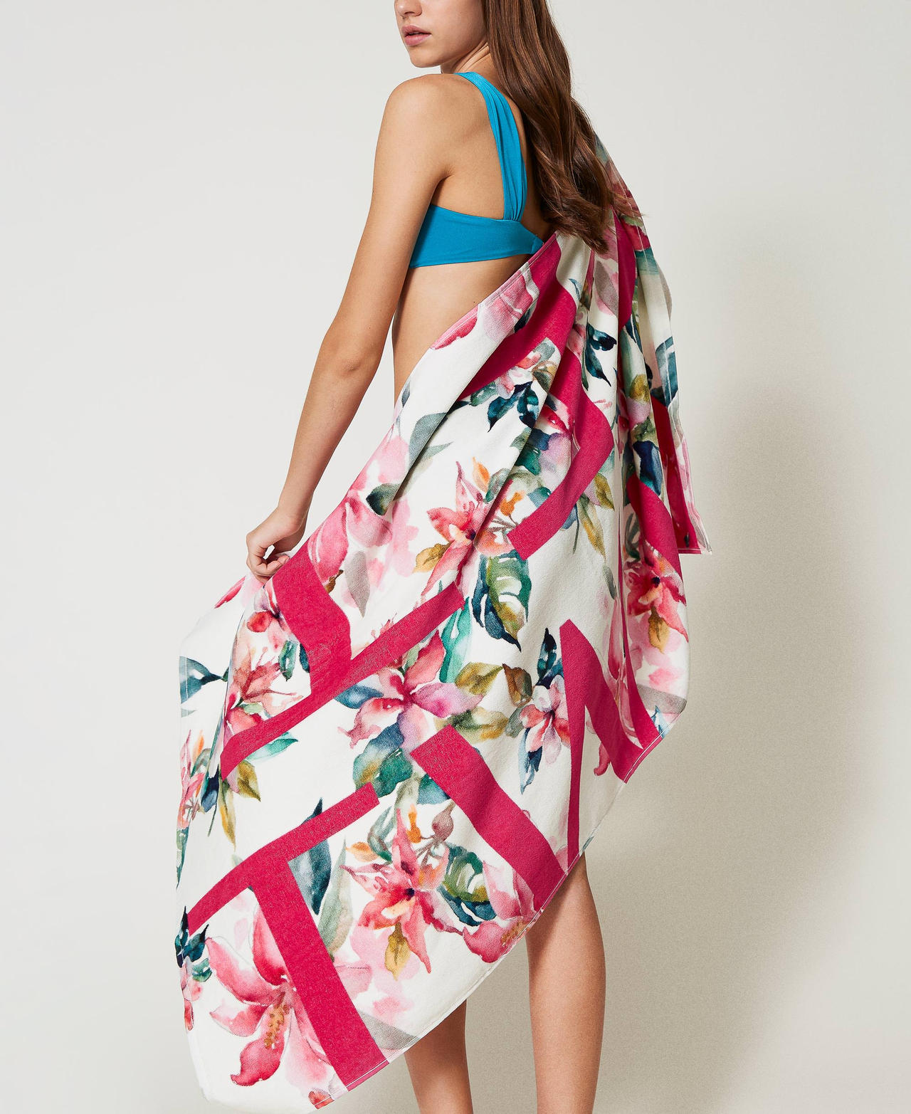 Terry beach towel with print Mother of Pearl/Multicolour Floral Print Woman 251LB4BDD_12194_T0