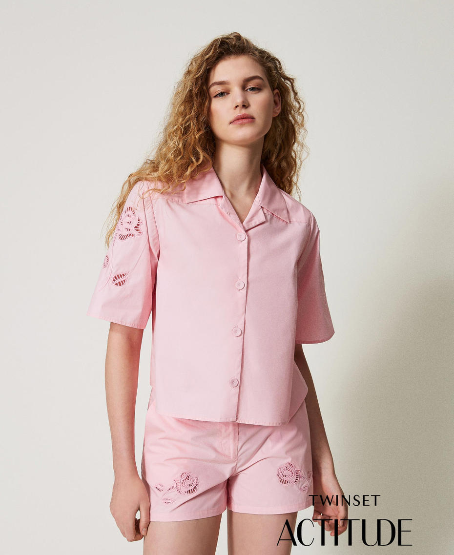 Cropped poplin shirt with embroidery Crystal Rose Woman 251AX2090_12349_PA