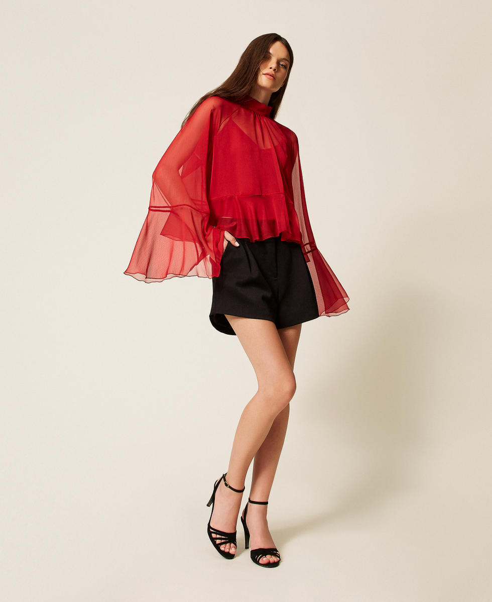 Bluse aus Voile mit Volant Kirsch Rot Frau 252AT2213_00034_T0