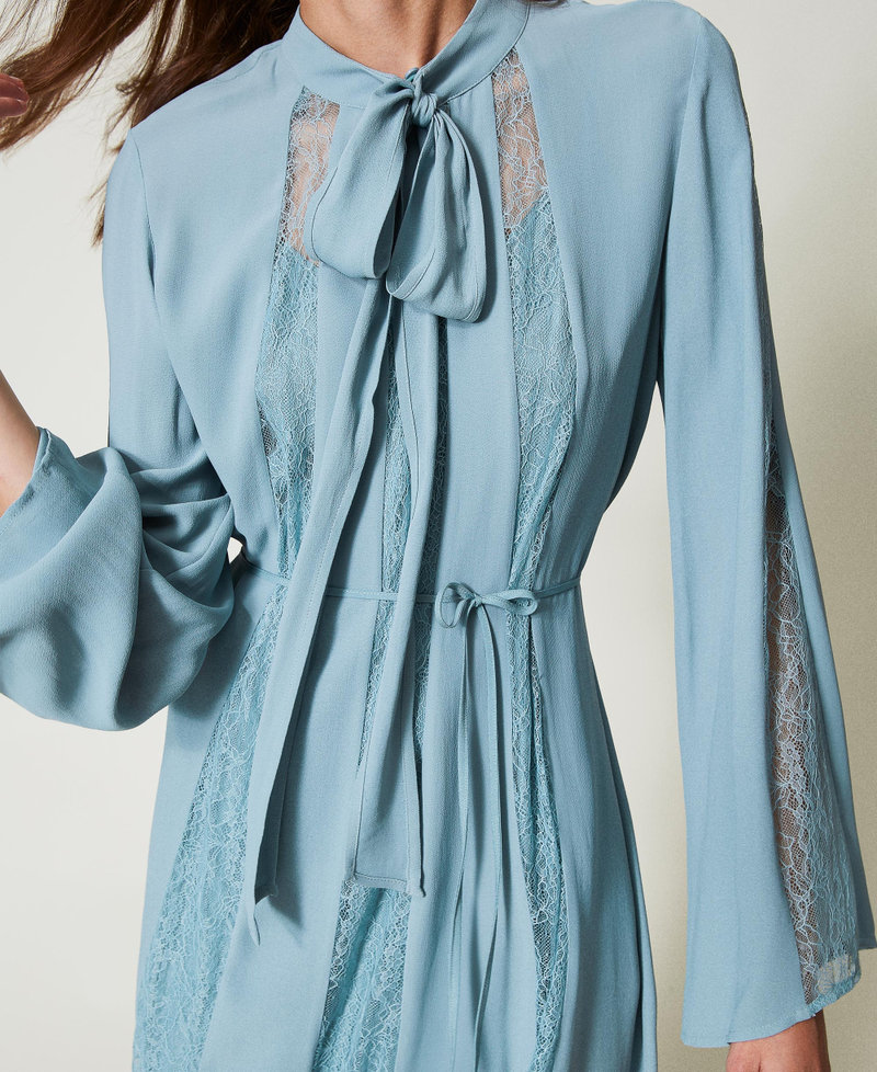 Long cr&ecirc;pe and Chantilly lace dress Dusty Blue Woman 251TP2411_00485_04