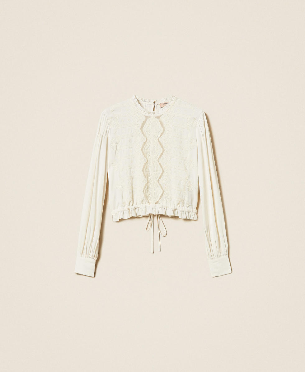 Cr&ecirc;pe blouse with floral embroidery Mother Of Pearl Woman 262TP2250_00059_S0