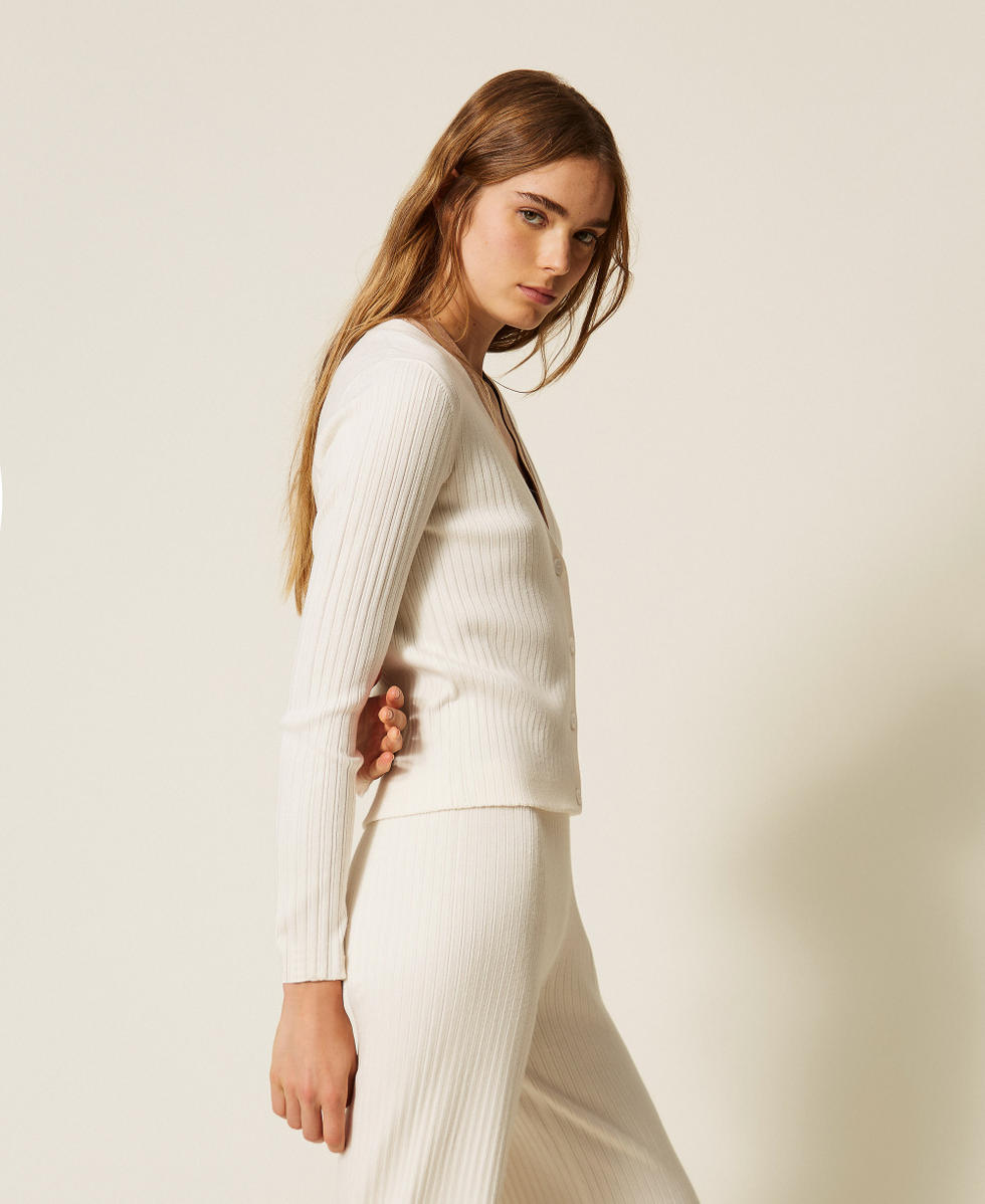 Cardigan trompe l'oeil a costine Bicolor Madreperla / Beige "Dune" Donna 262LI3EAA_13720_02