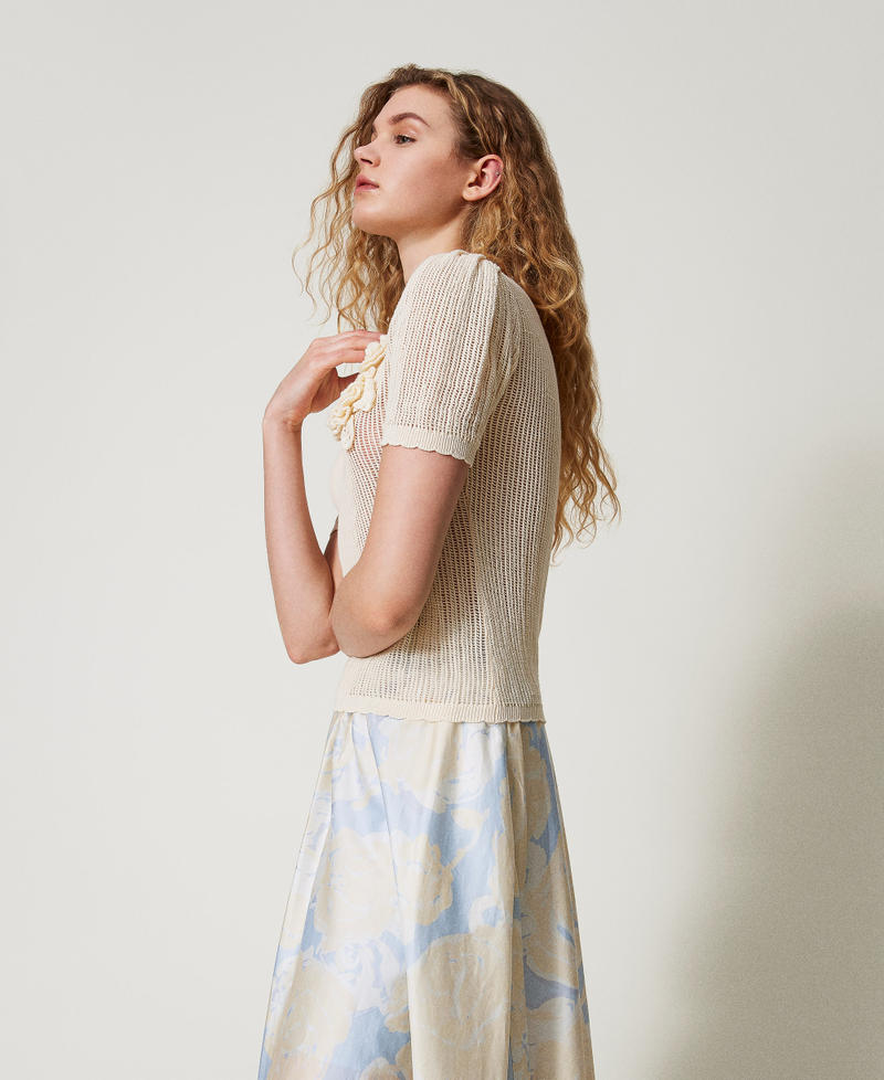Mesh knit top with crochet flowers Ivory Woman 251AX3010_00018_01