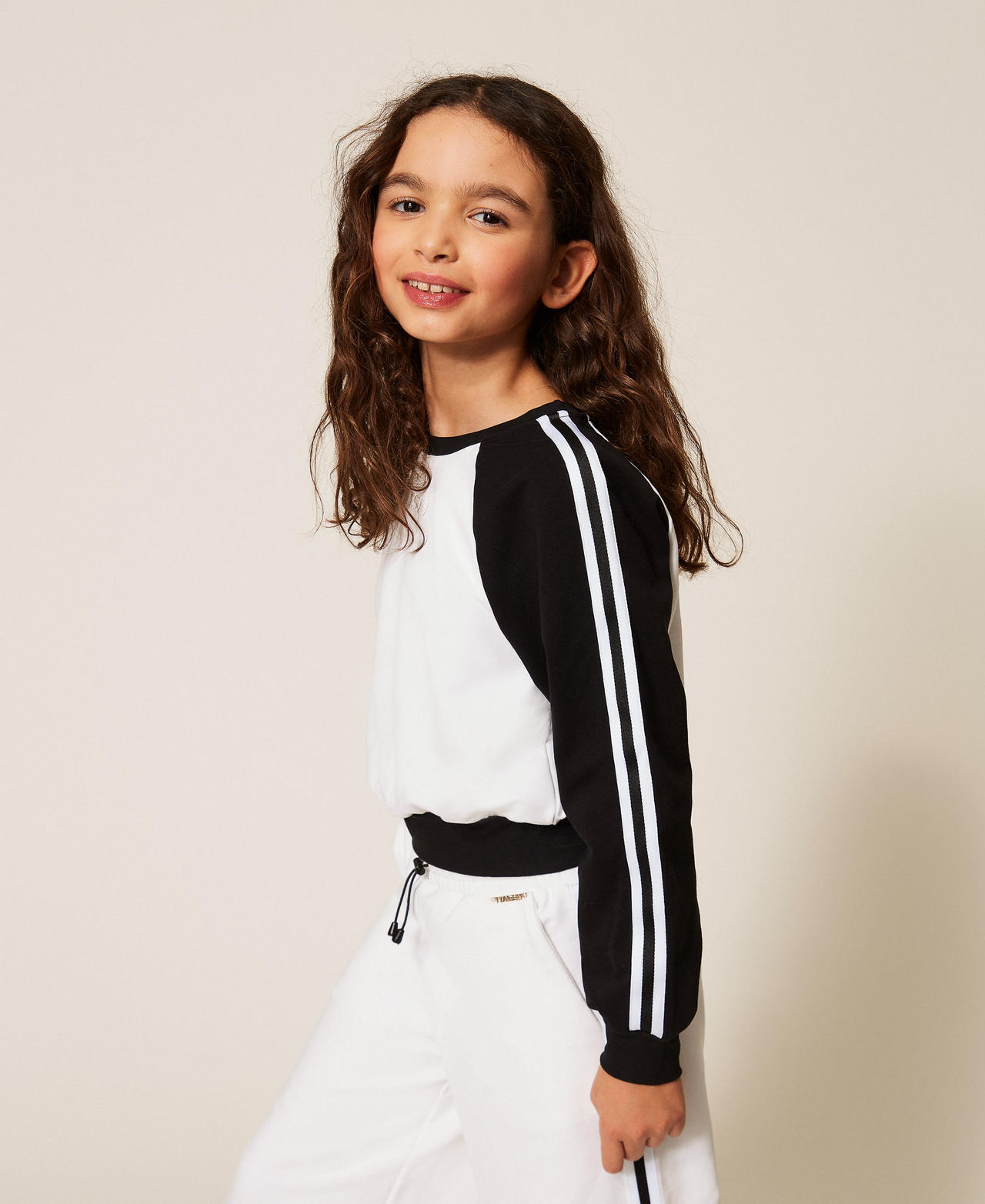 Twinset Girls Bicolour Off White / Black Colour Block Sweatshirt With Stripes