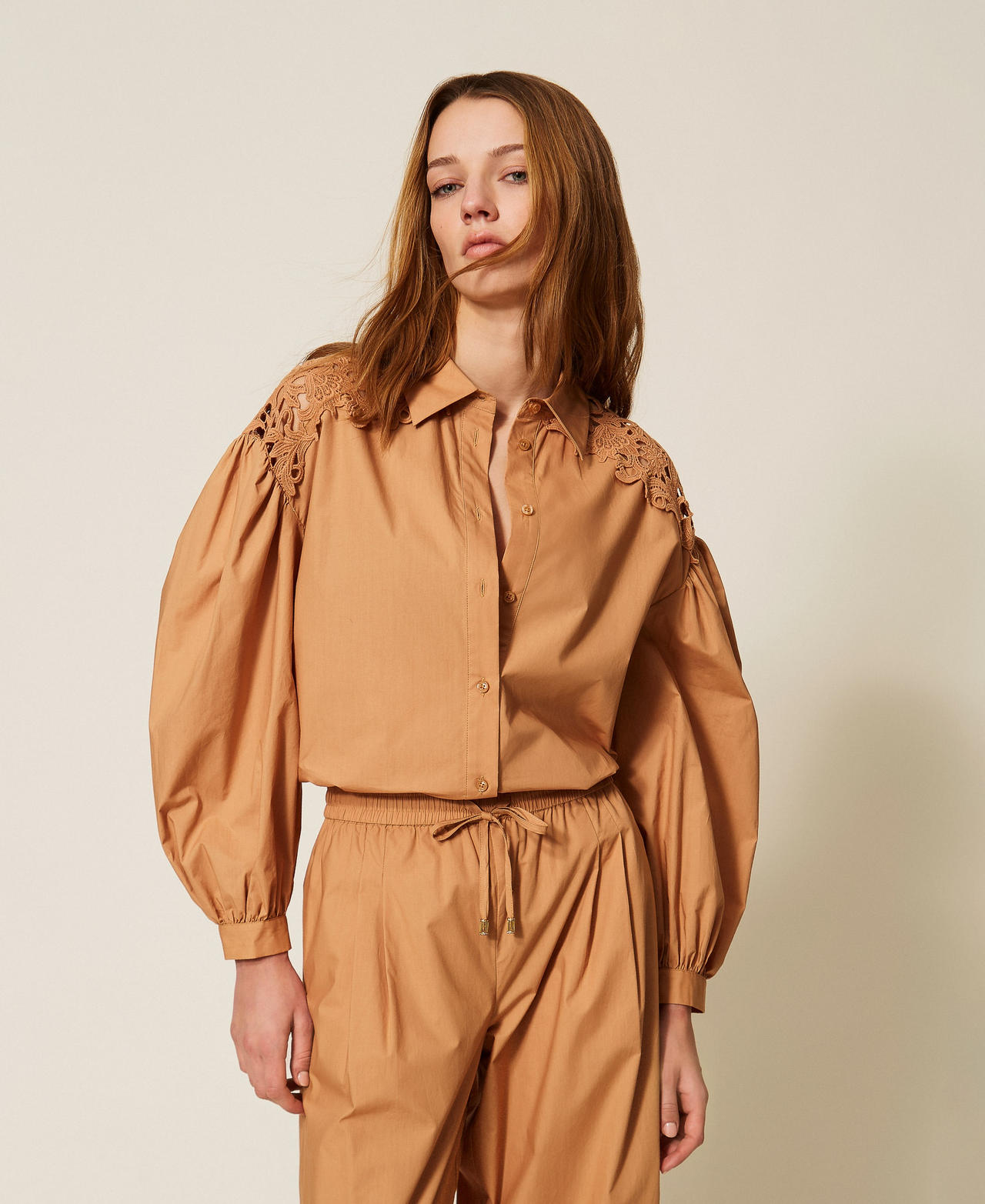Twinset Beachwear - Poplin shirt with macramé, "Hazelnut" Brown, Lace, Size: XS