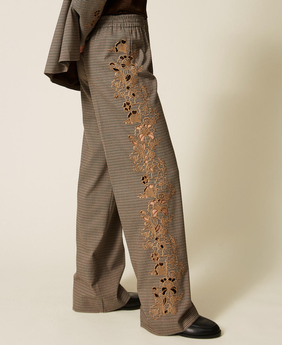 Palazzohose mit Hahnentrittmuster und Stickdetail Hahnentrittmuster "Oak"-Beige / Darkness Brown Frau 262TP2631_13828_04