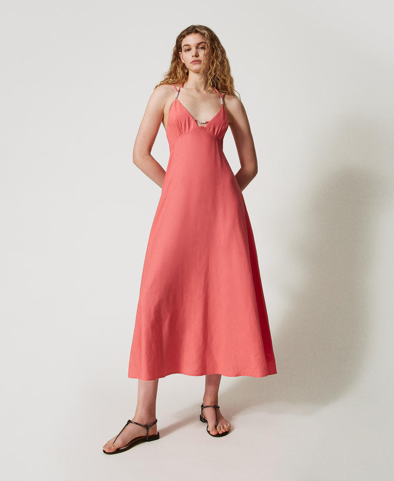 Long linen-blend dress with pearls Coral Sunset Woman 251LM2QBB_12360_01