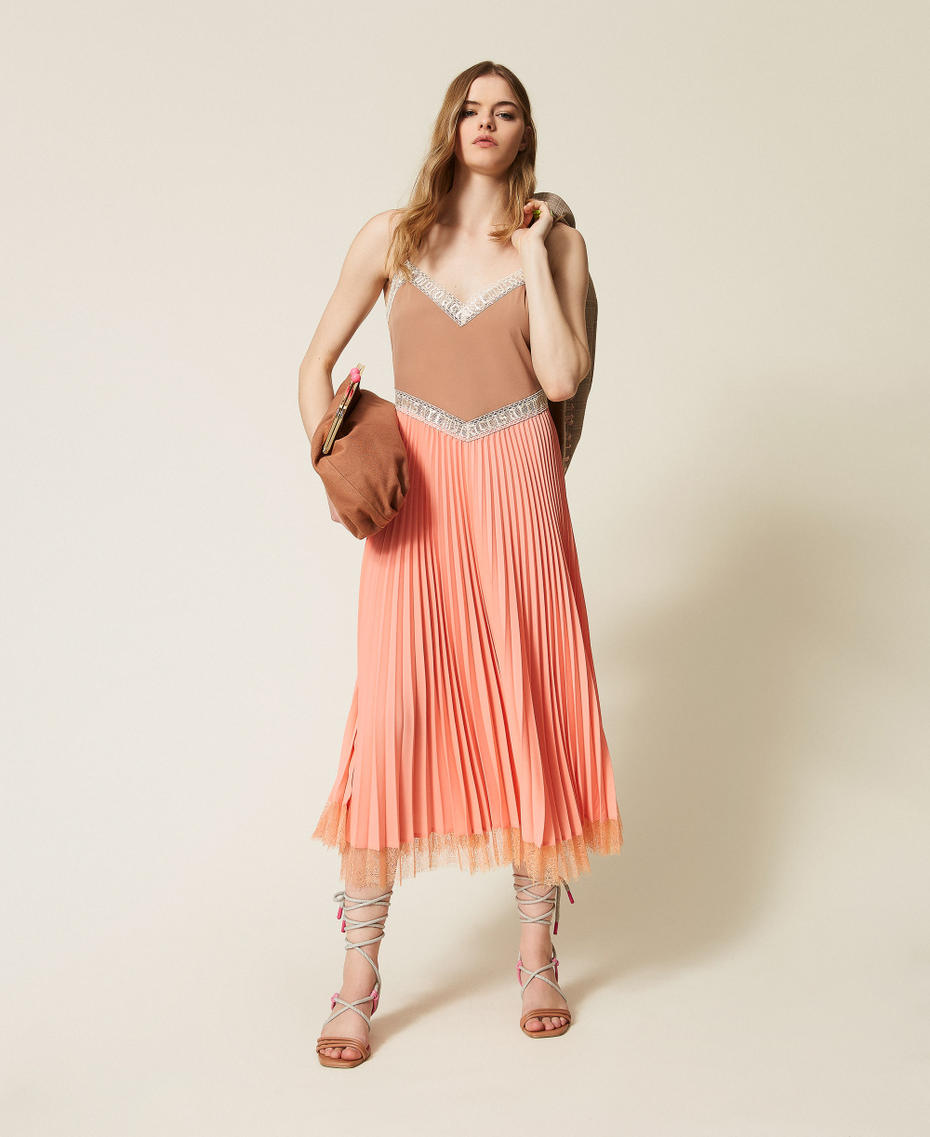 MYFO cr&ecirc;pe de Chine pleated midi dress Two-tone Peach Amber/Nude Beige Woman 261AQ2090_13510_T0