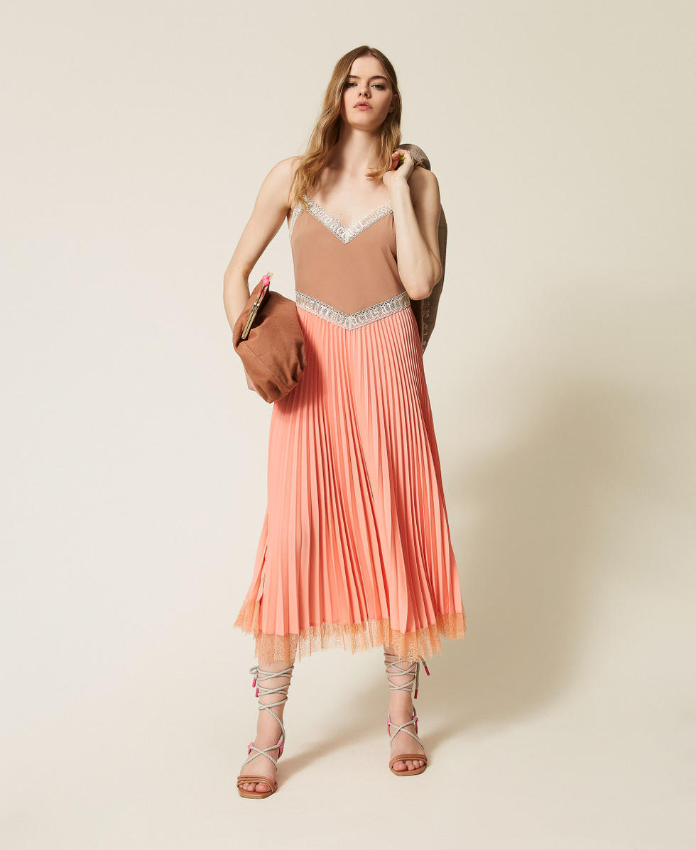 Robe midi MYFO en cr&ecirc;pe de Chine pliss&eacute; Bicolore &laquo;&nbsp;Peach Amber&nbsp;&raquo;/Nude Beige Femme 261AQ2090_13510_T0