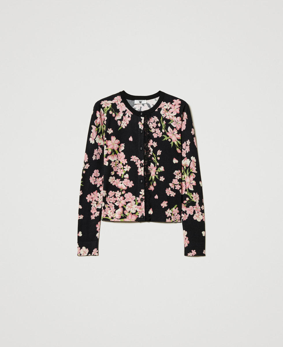 Cardigan en maille avec imprim&eacute; et dentelle Multicolore Blooming Femme 242LL3TAA_11998_S0