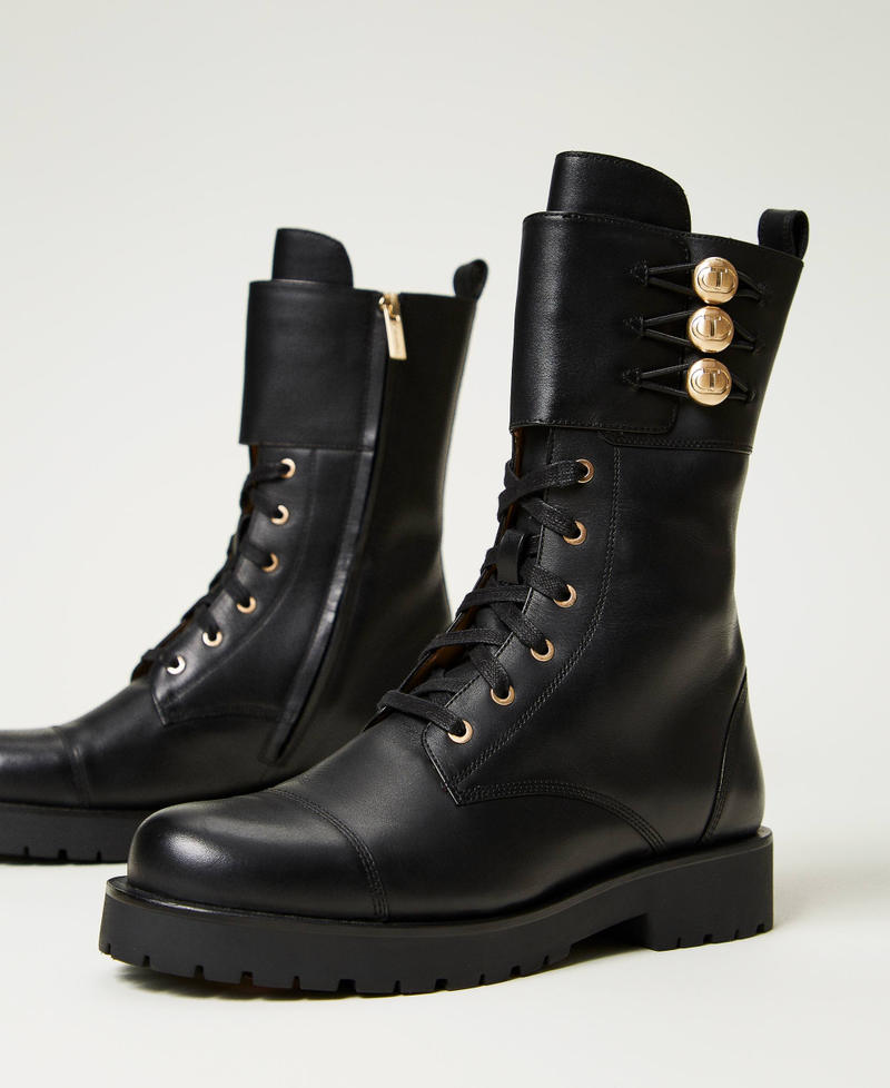 Bottines motardes en cuir avec boutons Noir Femme 251TCP146_00006_02
