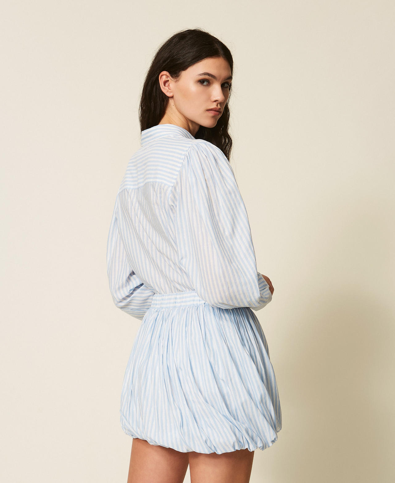 Mini jupe ballon en popeline ray&eacute;e Rayure Lys/Bleu &laquo;&nbsp;Topaze&nbsp;&raquo;/Lurex Femme 261TE2082_13281_03