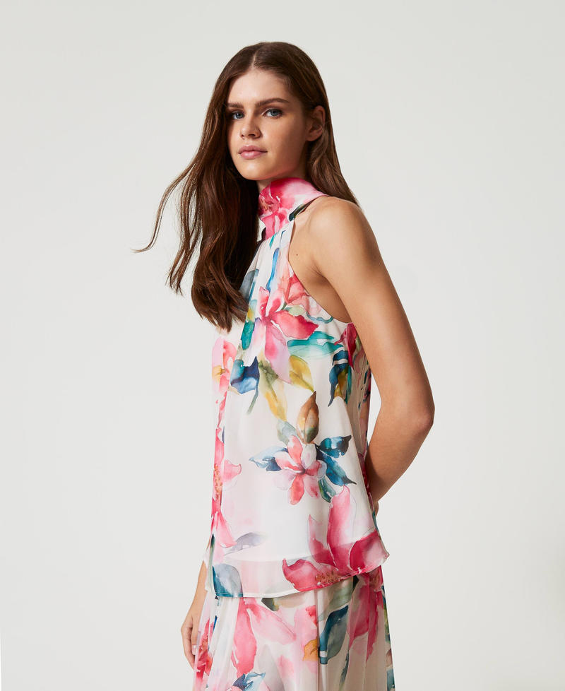Top in georgette con stampa a fiori Stampa Fiori Madreperla / Multicolor Donna 251LB2ZAA_12194_02
