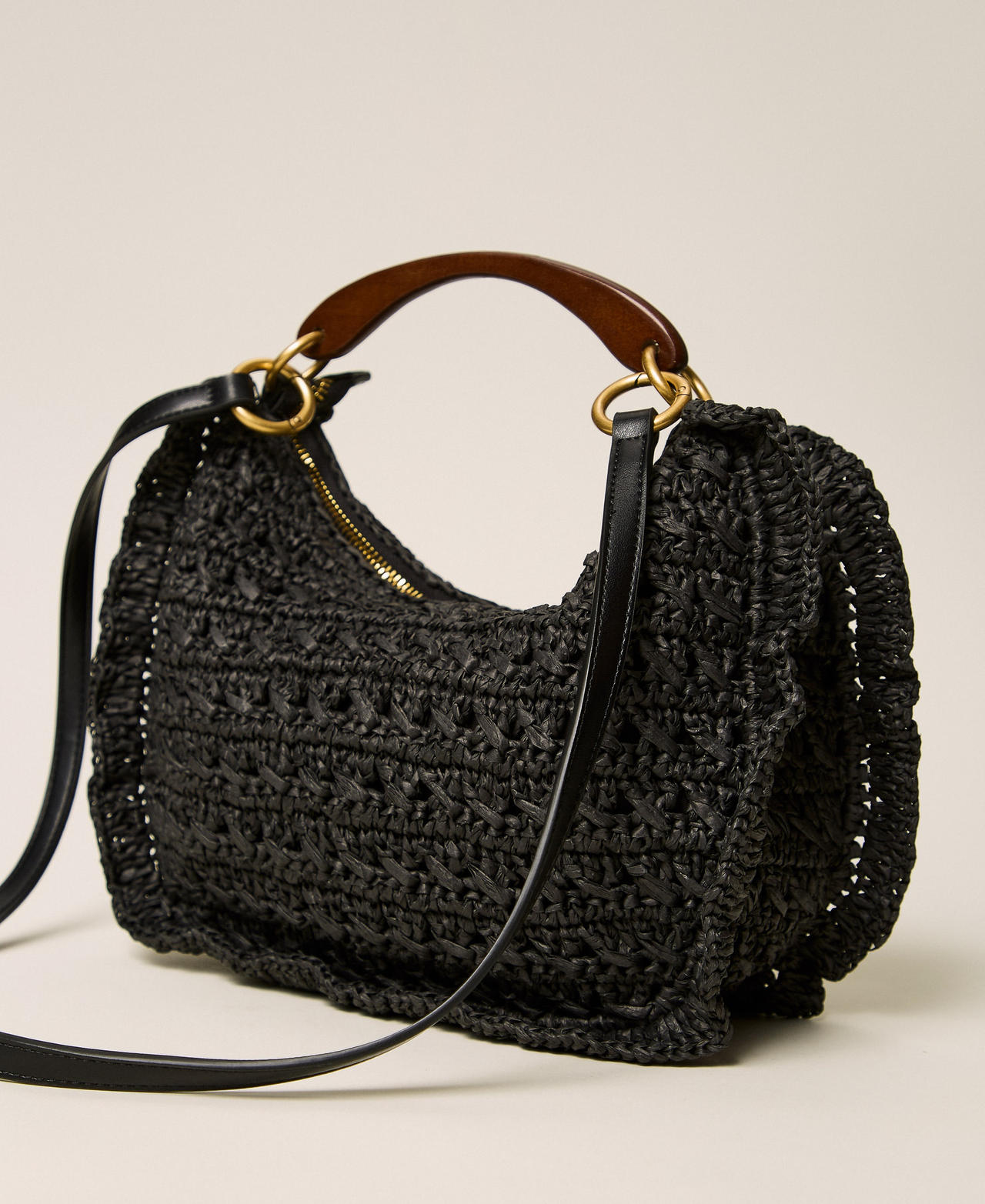 Crochet raffia Croissant bag with cherries Black Woman 261TD8301_00006_03