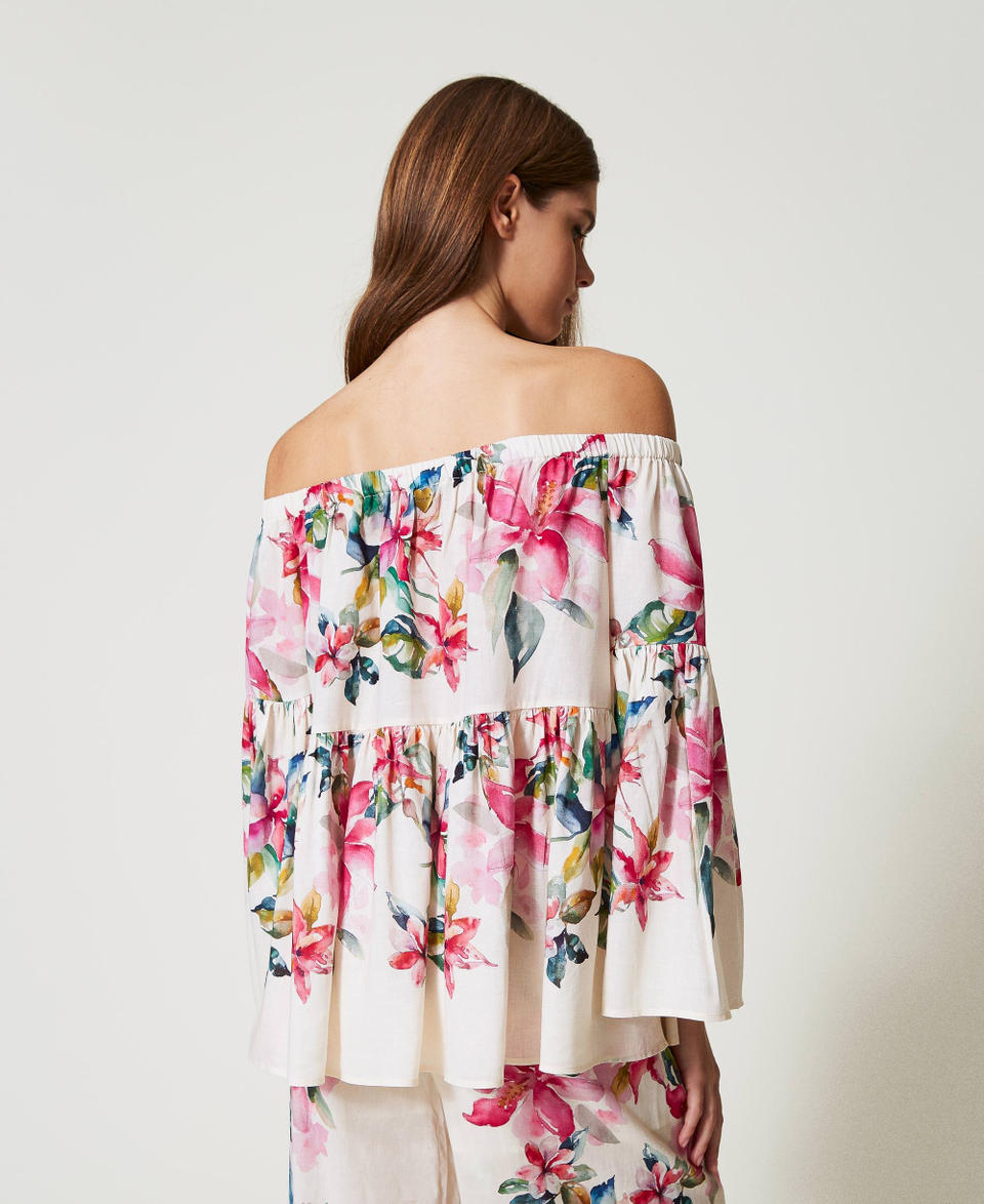 Linen blend blouse with floral print Mother of pearl/Multicolour Stripe Print Woman 251LB2UAA_12198_03