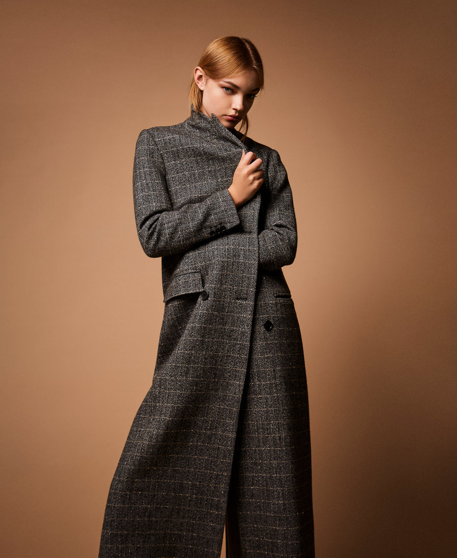 Wool blend long coat with lurex Black/Gold Herringbone Woman 252TT2041_13026_PC