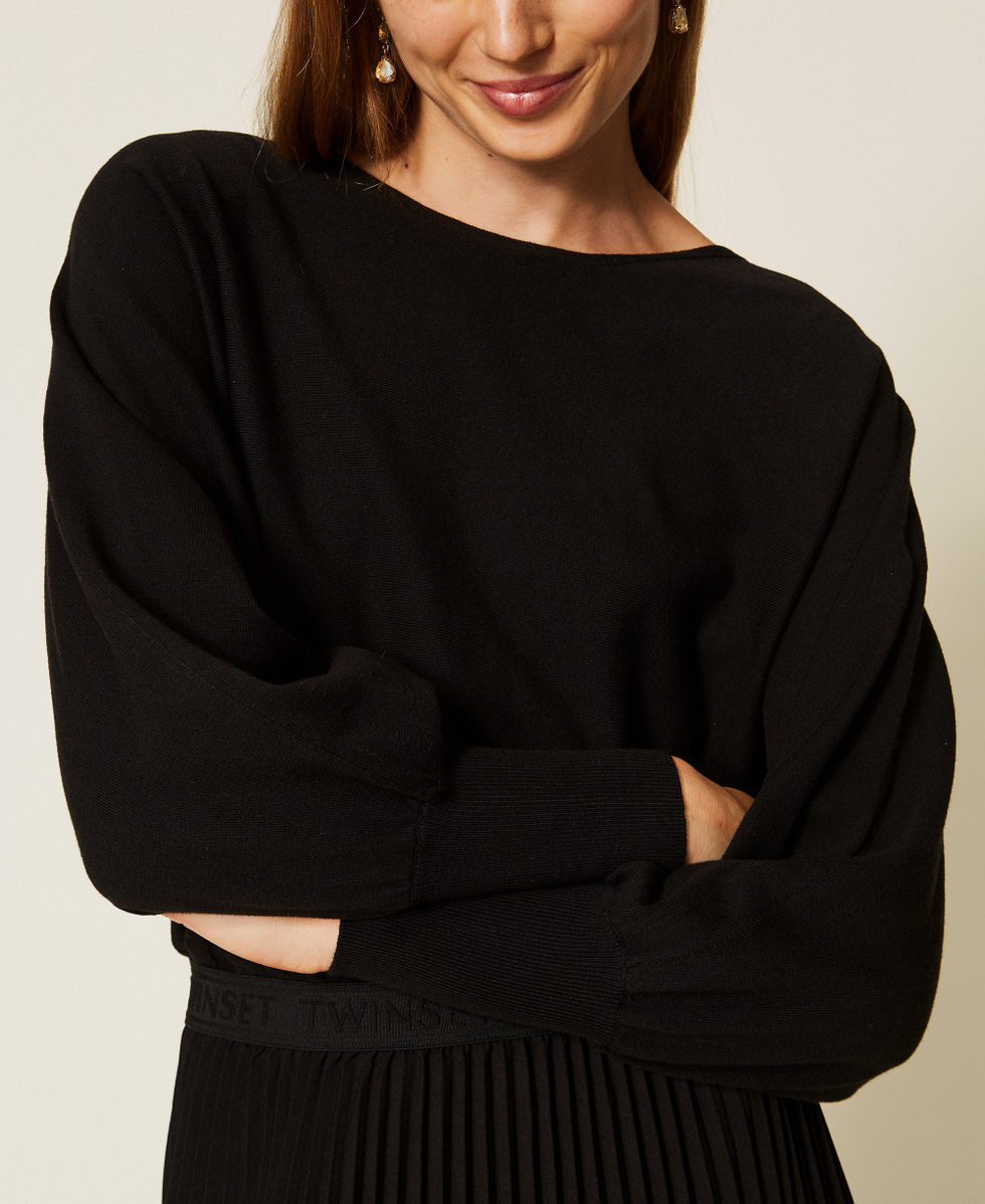 Robe longue en maille et cr&ecirc;pe pliss&eacute; Noir Femme 262TP3250_00006_05