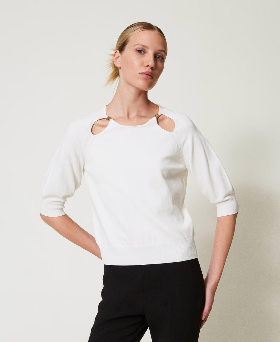 Pullover mit Cut-outs und Oval T Wei&szlig; Schnee Frau 251TP3490_00282_01