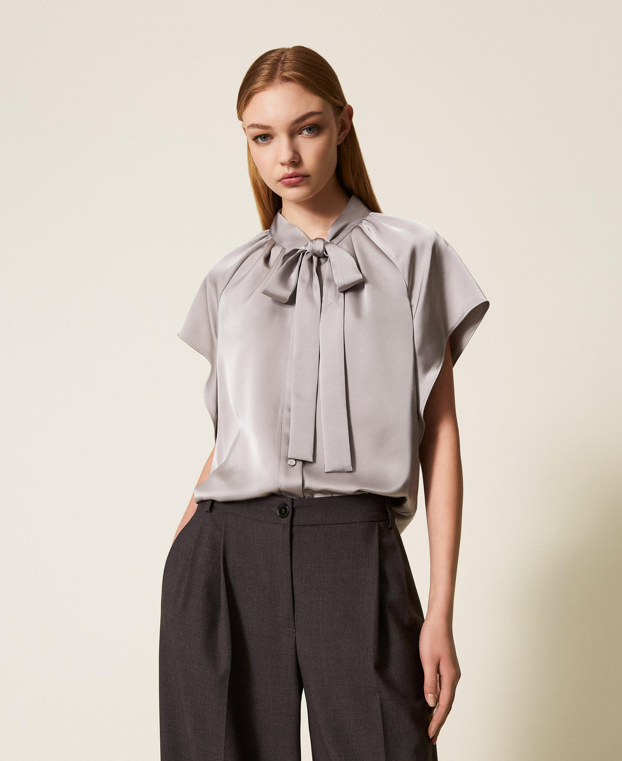 Satin shirt with bow Grey Ash Woman 252AP2417_12614_01