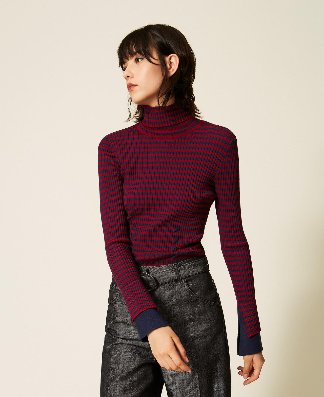 Pull col montant ray&eacute; Rayure Rouge "Rhubarbe"/Bleu Blue Paint Femme 262AP3250_13875_01