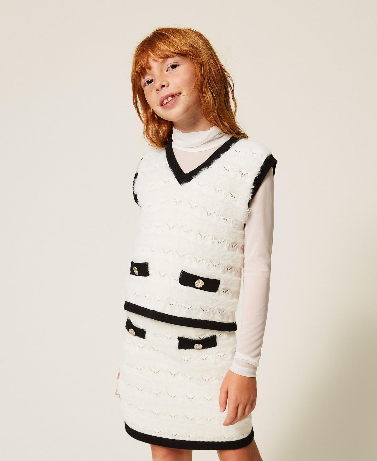 TWINSET - Gilet en maille avec boutons, Femme, Bicolore Blanc Neige / Noir, 8A