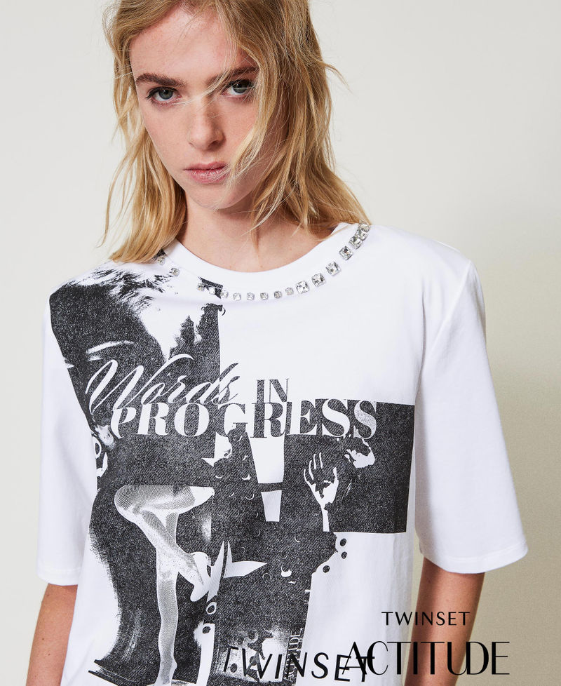 Printed T-shirt with hand embroidery "Papers" White Woman 251AP2160_00840_PA