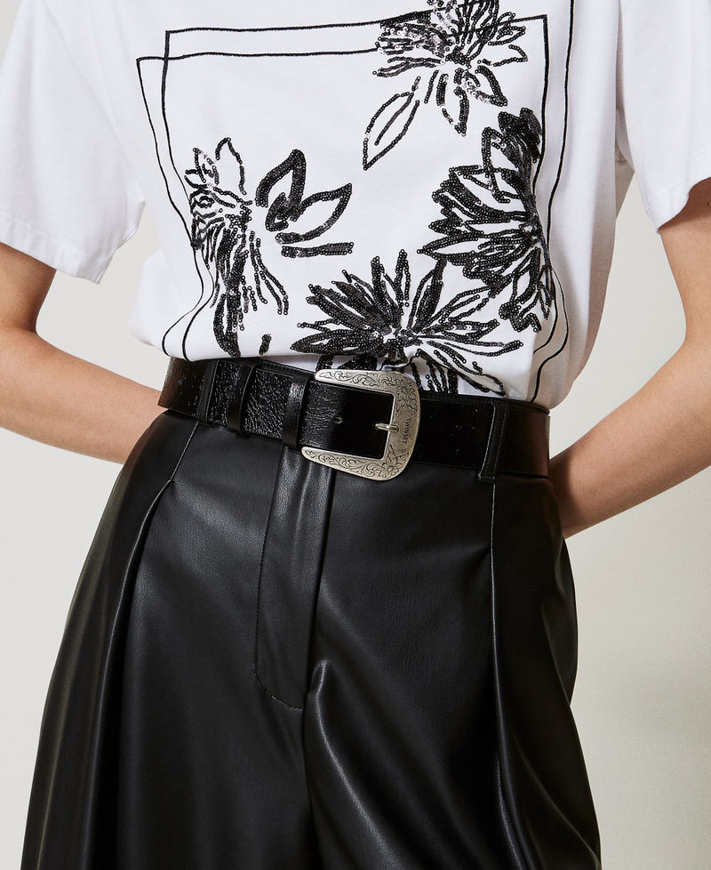 Cracked leather belt with Texas-style buckle Black Woman 251TA4530_00006_T0