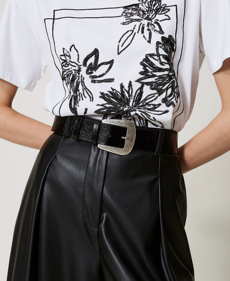 Cintura in pelle craquelé con fibbia texana Donna, Nero TWINSET