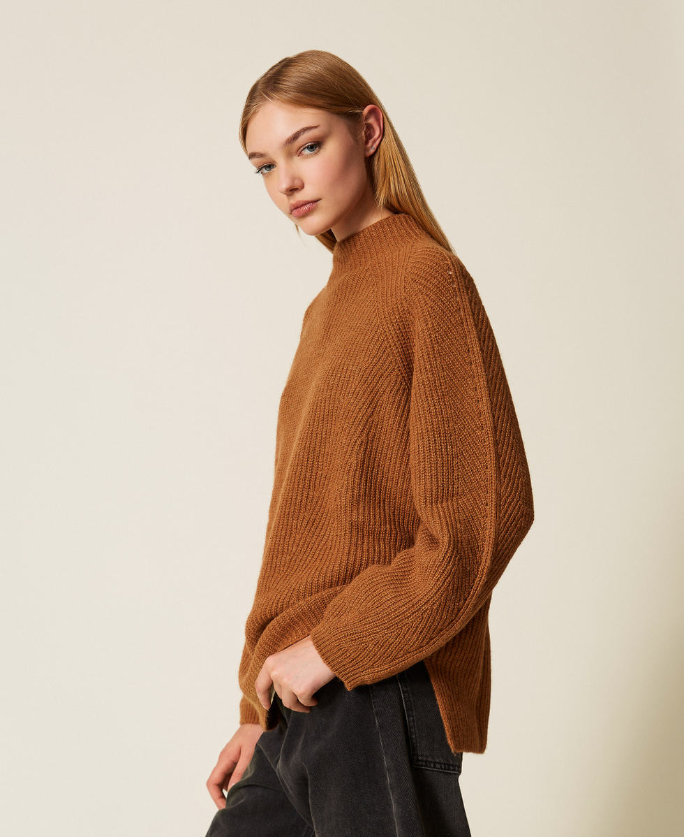 Wool blend turtle neck jumper with Oval T Dark Alpaca Brown Woman 252TT3064_13006_02