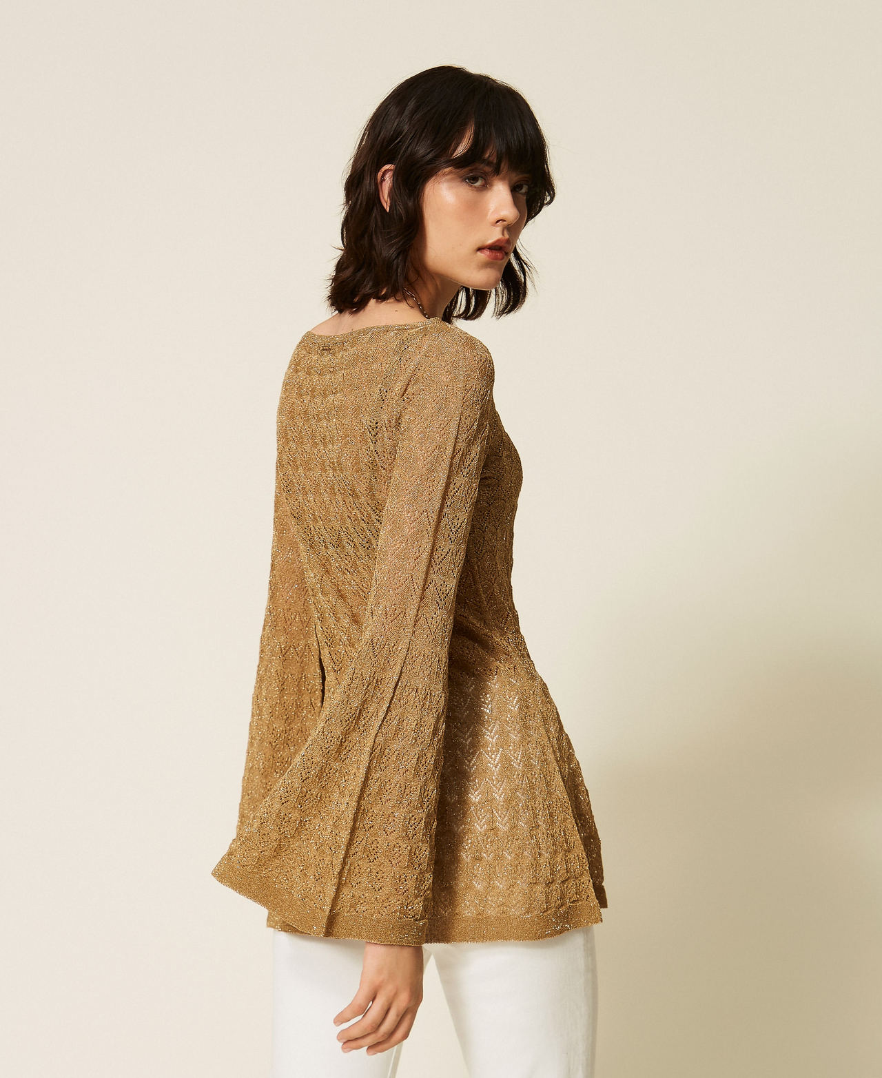 Tunic top with flared sleeves Golden Green Lurex Woman 262TP3Q32_12454_03