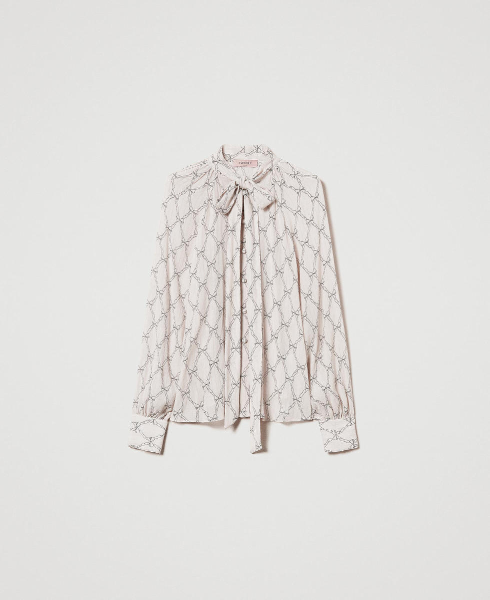 Camicia in creponne con stampa fiocchi Stampa Fiocchi Bianco "White Cream" / Nero Donna 242TT2442_12048_S0