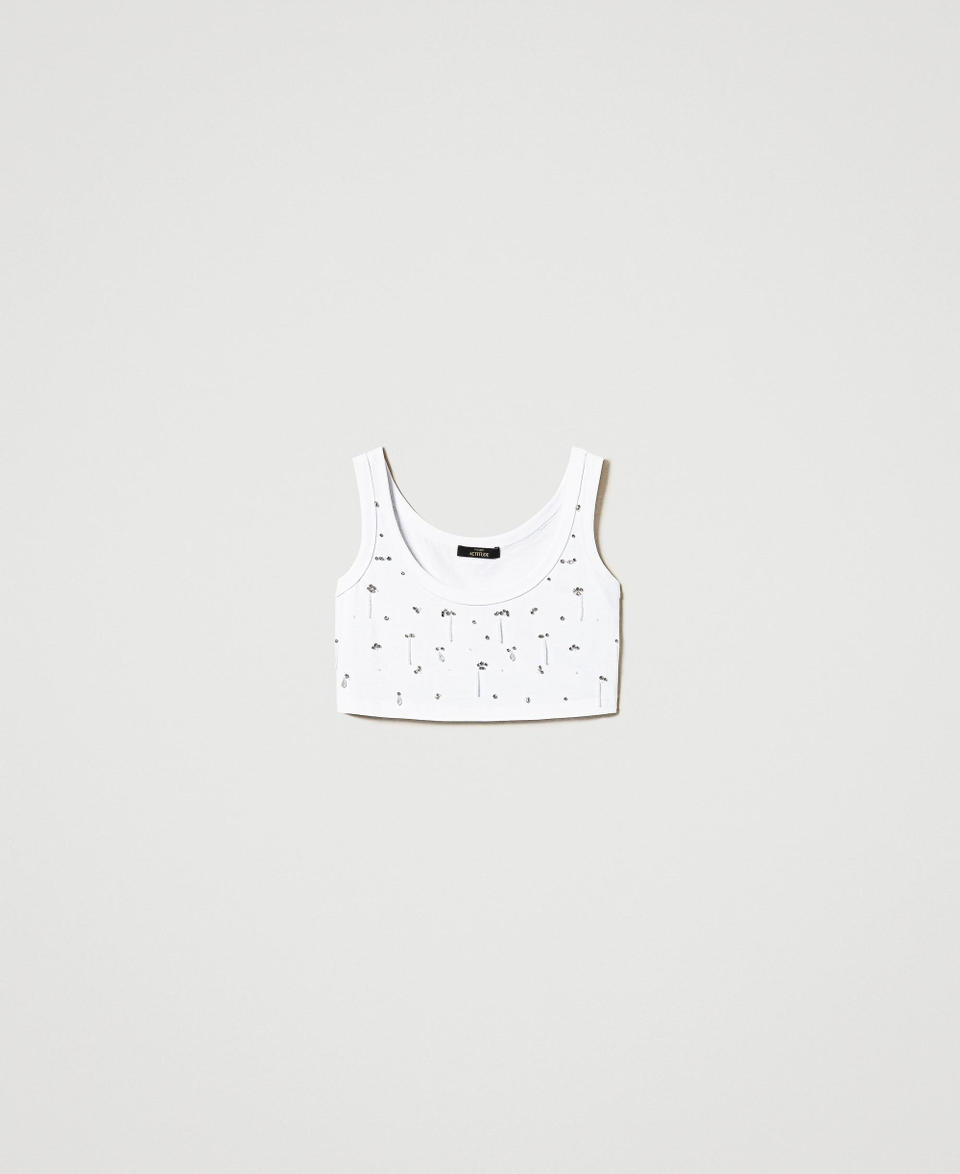 Cropped top with embroidery "Papers" White Woman 251AP2222_00840_S0