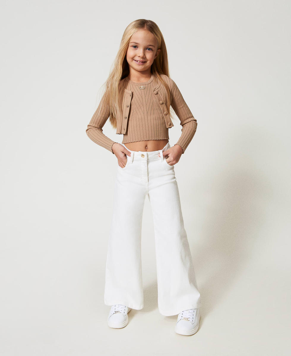 Gerippter Cropped-Cardigan mit Oval T Beige Hanf M&auml;dchen 251GJ3405_00310_T0