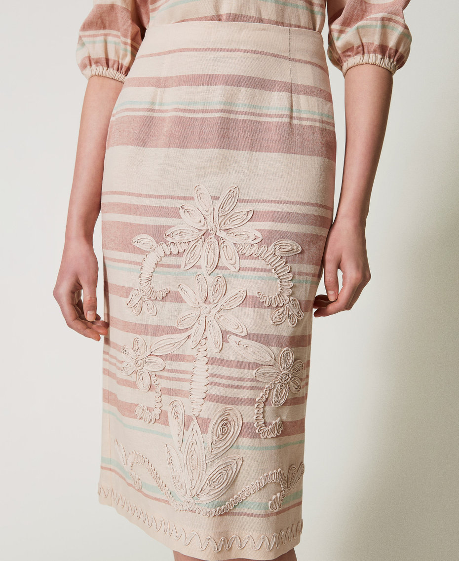 Jupe mi-longue en lin mélangé avec broderies Rayure Almond Beige/Green Marine/Amber Brown Femme 251LM2RBB_12377_04