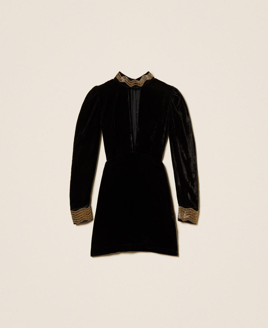 Short velvet dress with embroidery Black Woman 252TS2270_00006_S0
