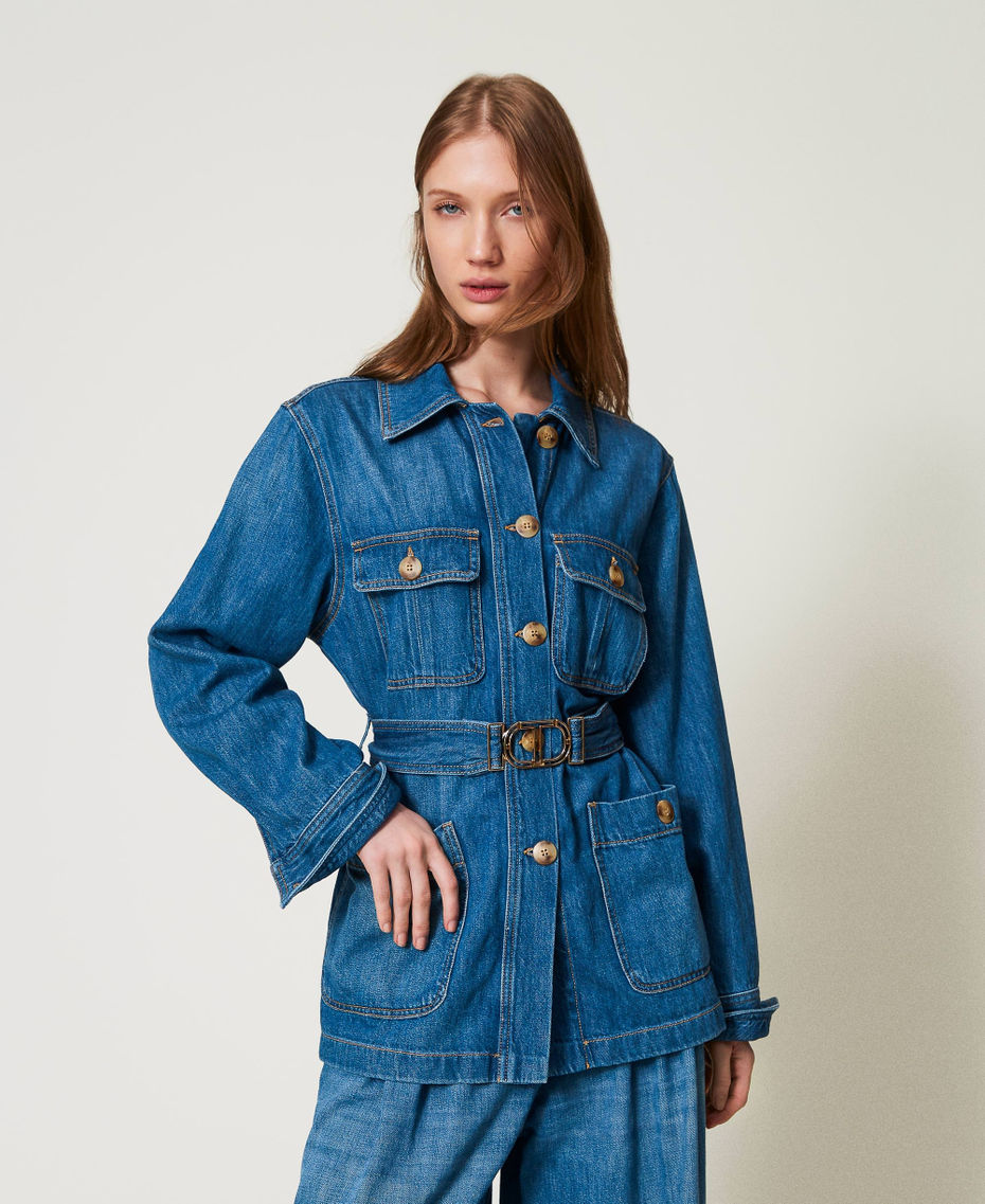 Safari-style denim jacket with belt "Mid Denim" Blue Woman 251TP2610_01611_01