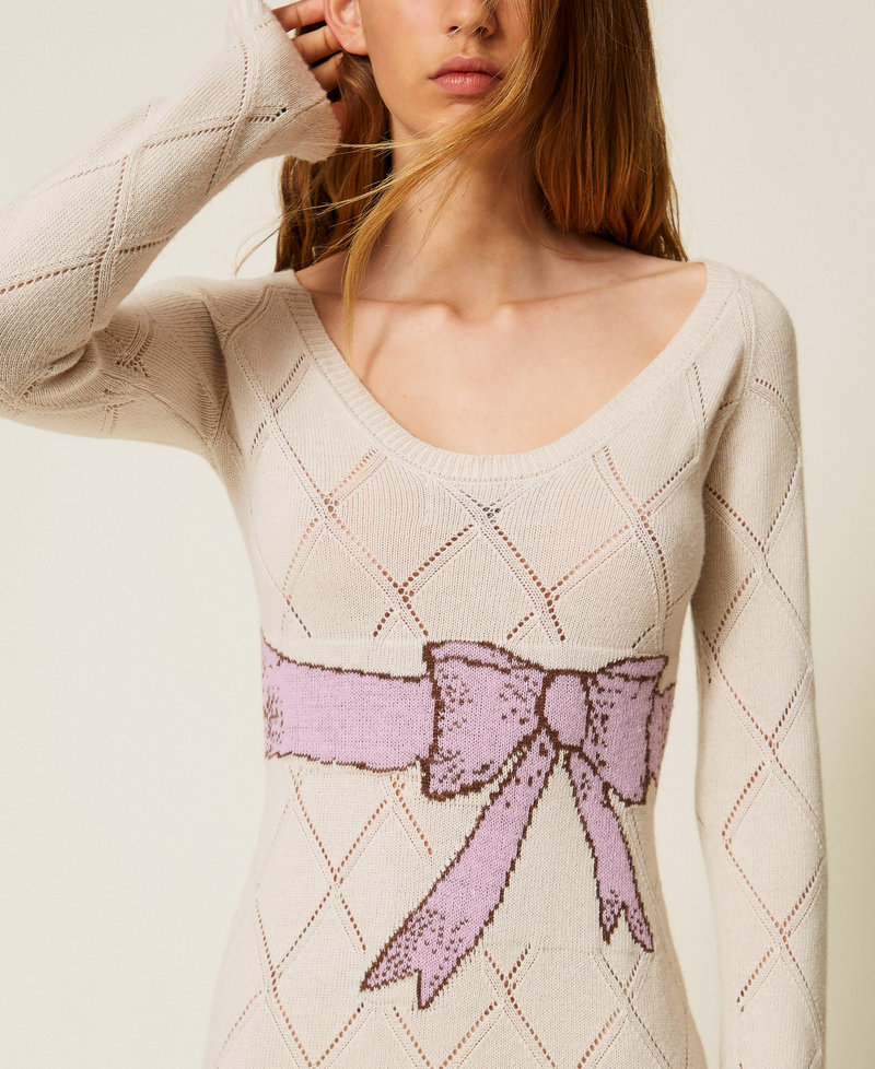 Long Treeblend yarn dress with inlay Pale Cream Woman 252TP3340_00522_04