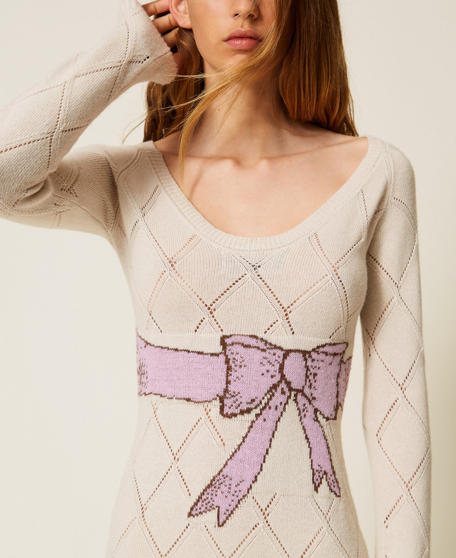 Long Treeblend yarn dress with inlay Pale Cream Woman 252TP3340_00522_04