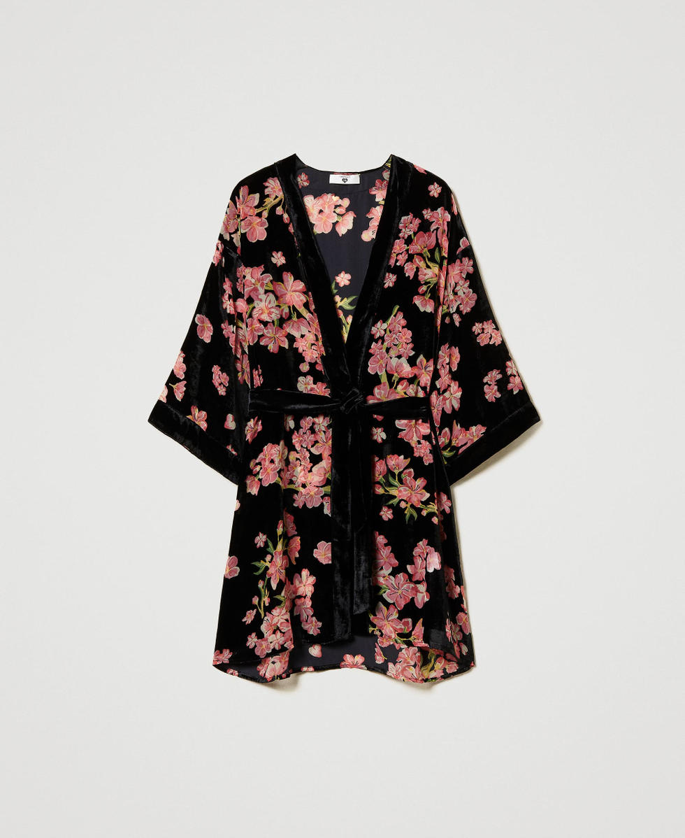 Floral d&eacute;vor&eacute; velvet dressing gown Multicolour Blooming Woman 242LL2CAA_11998_S0