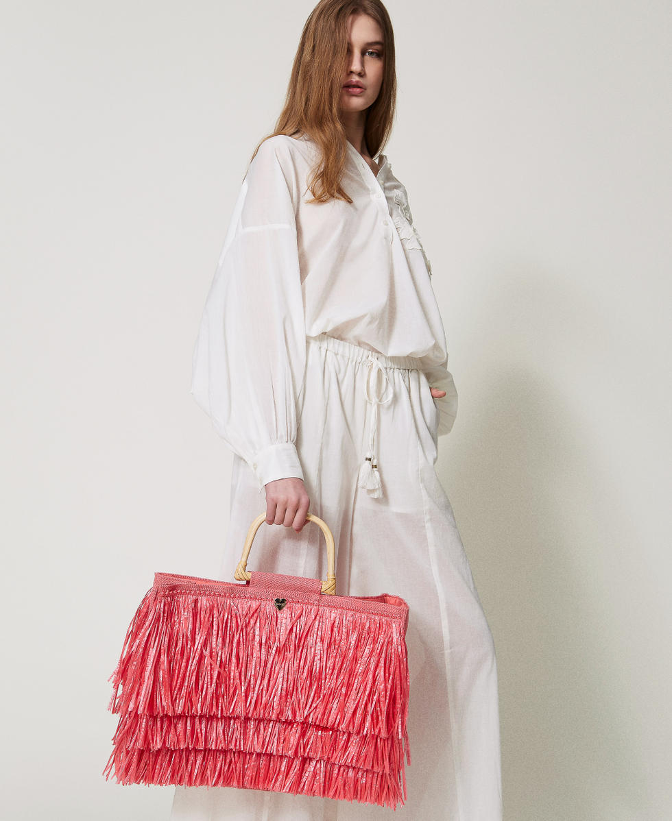 Jute shopper with fringes Coral Sunset Woman 251LM8ADD_12360_T0