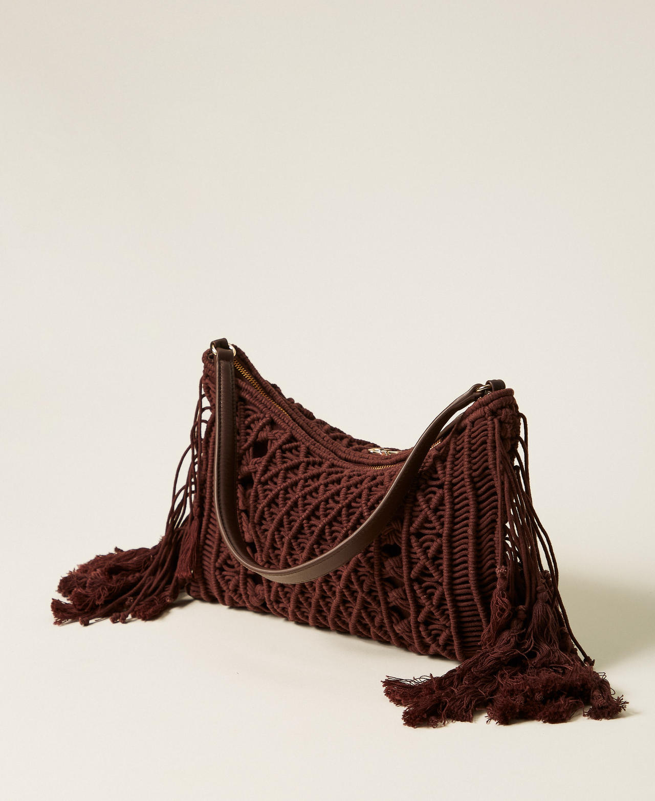 Besace en crochet avec franges Marron Glac&eacute; Femme 261TD8110_00289_03