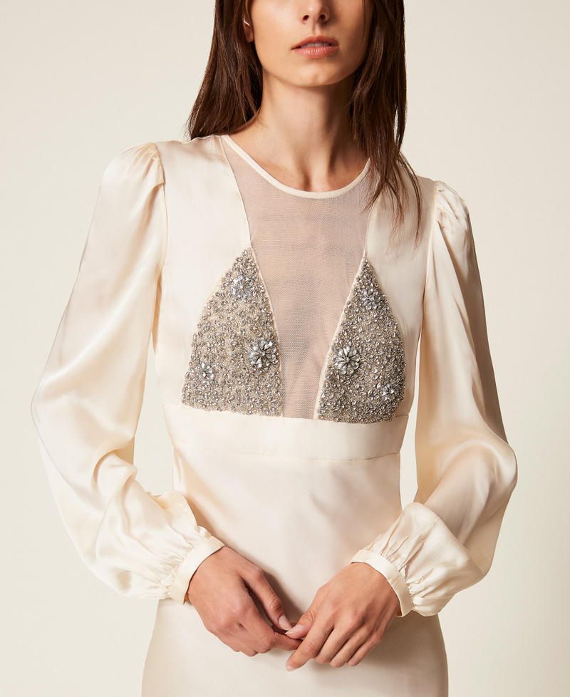 Long satin and tulle dress with embroidery Light Natural Woman 252TT2131_12227_04