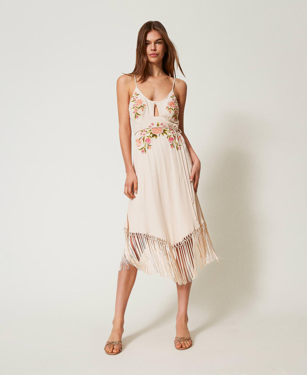 Robe midi avec broderie florale Broderie Beige/Multicolore Fleurs Femme 251TP2471_12306_01