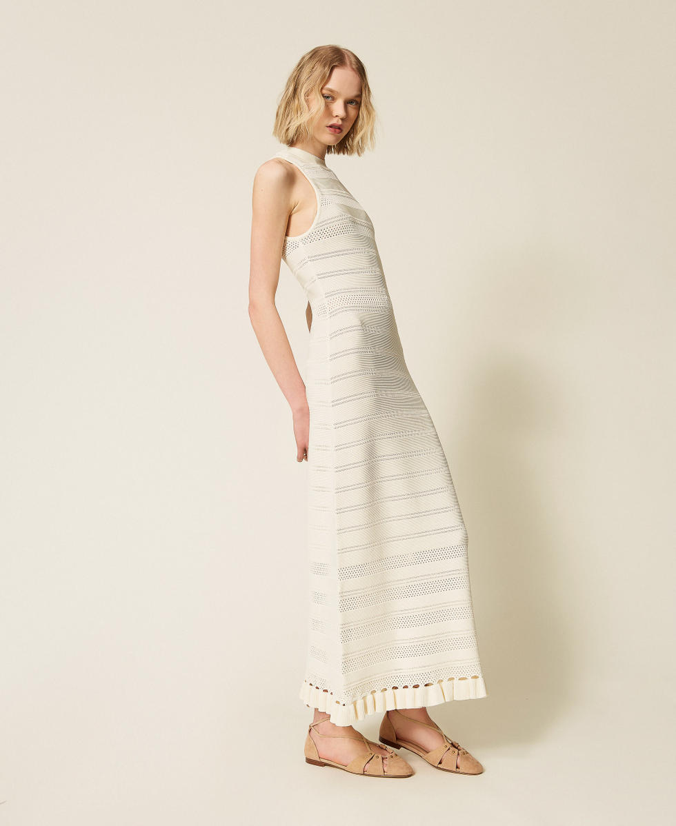 Robe longue col montant en maille avec volants Nacre Femme 261TQ3010_00059_02