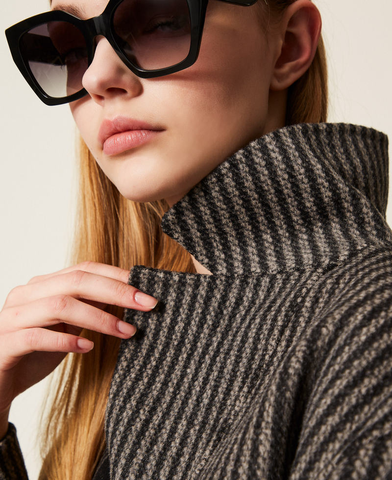 Double wool cloth reversible coat Black/Snow White Double Check Woman 252TP2080_12781_05