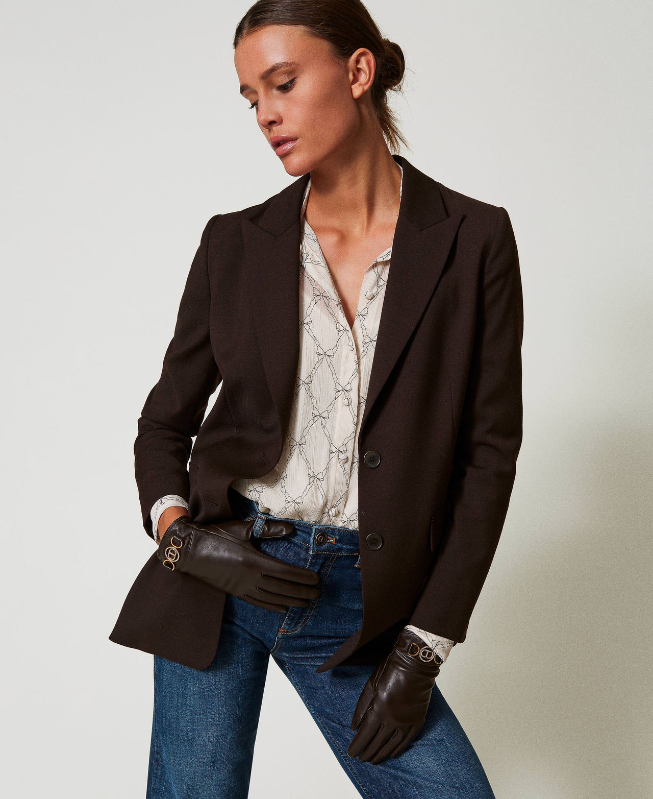 Leather gloves with logo Coffee Chocolate Woman 242TO5170_11946_S0