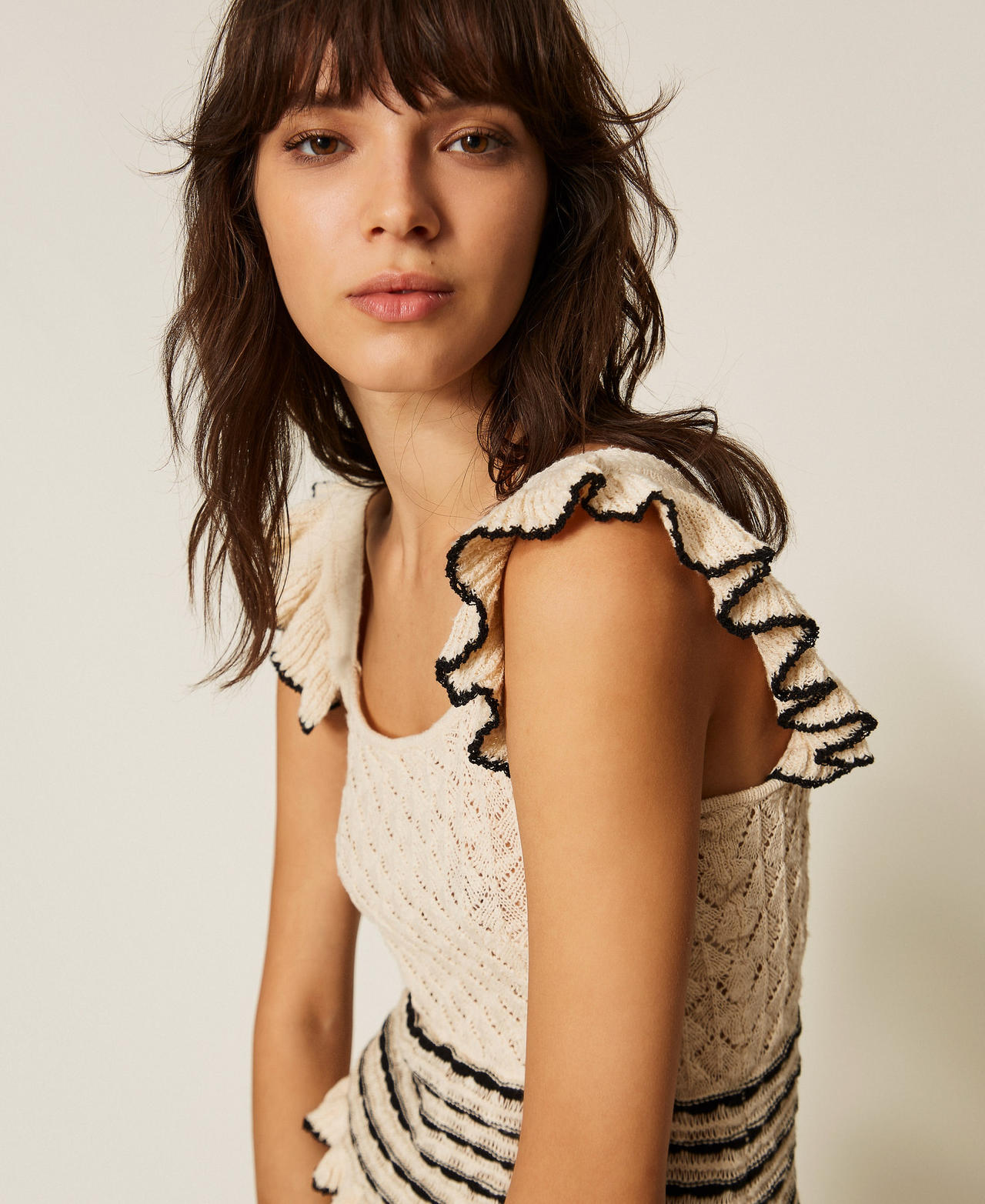 Striped jumper with ruffles Two-tone Parchment White/Black Jacquard Woman 261LB3HCC_13338_PD