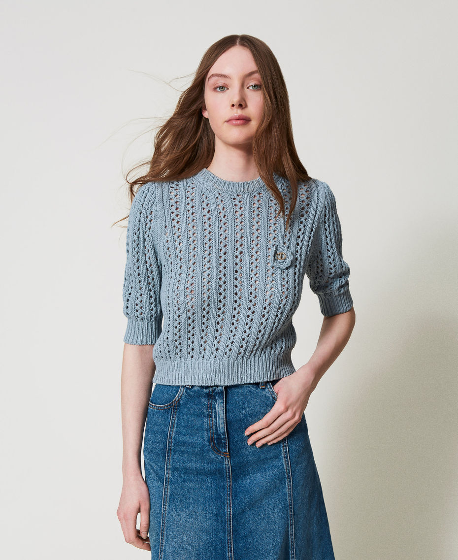 Jumper with crochet brooch Dusty Blue Woman 251TP3361_00485_01