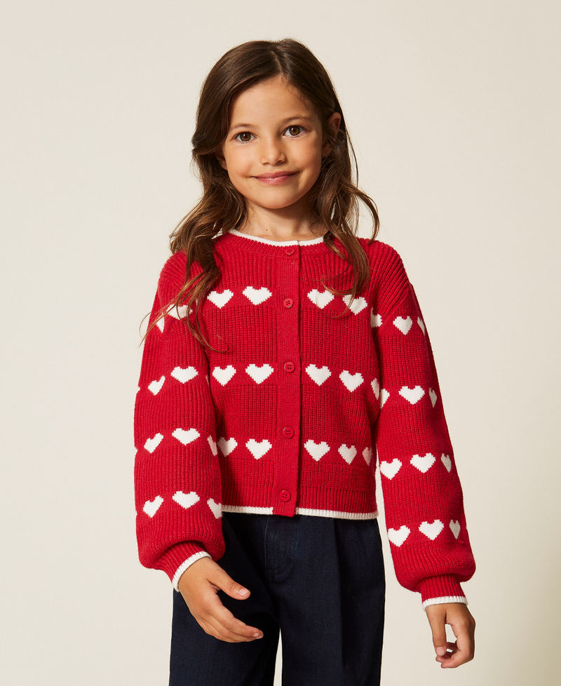 Baby&acute;s cardigan with jacquard heart pattern "Magenta" Red/"Snow" White Girl 262GB3033_13793_01